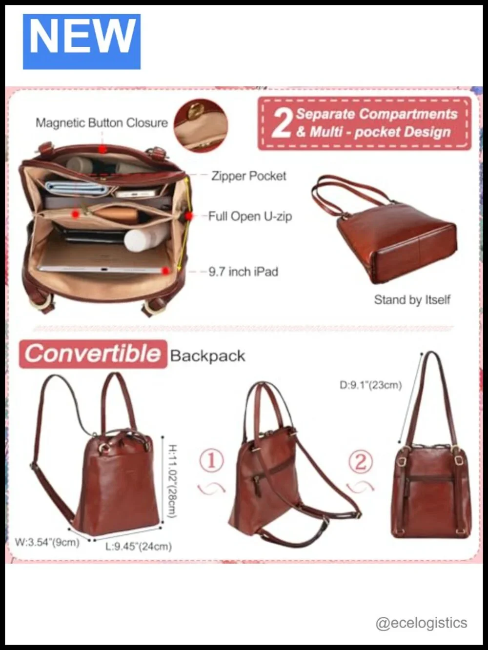 Italian Full Grain Leather Convertible Backpack Purse for Women